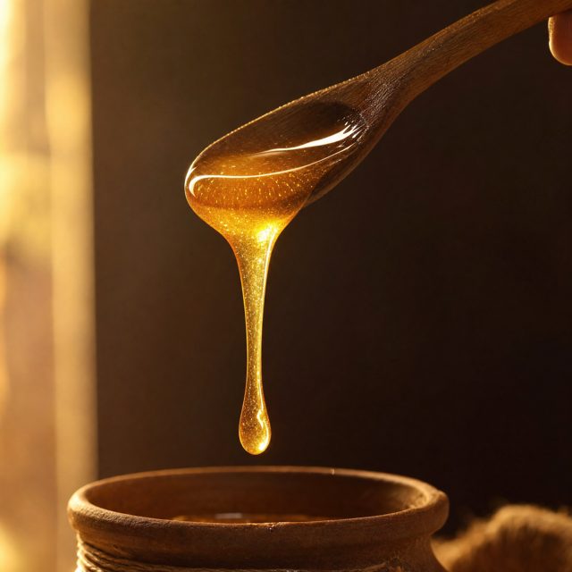 Backlit spoonful of golden honey