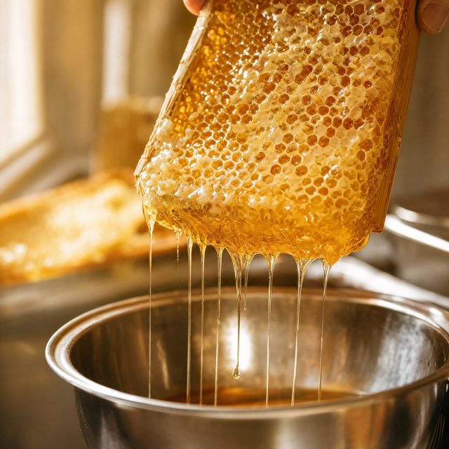 Raw honey dripping from honeycomb during cold extraction