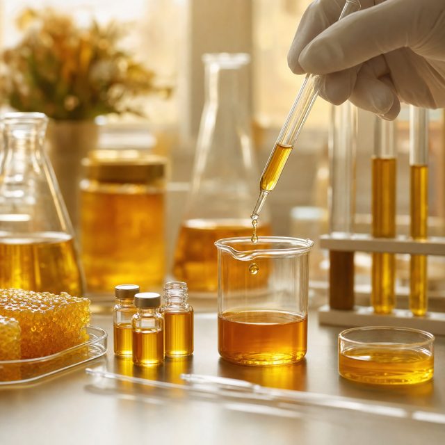 Honey sample in laboratory glassware