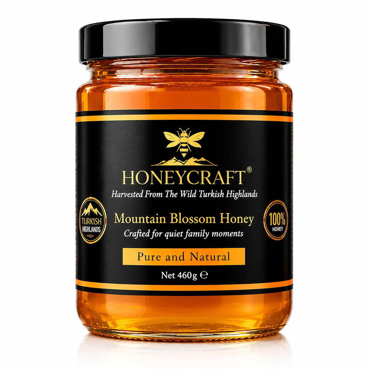 Honeycraft Mountain Blossom Honey, 460g glass jar with black and orange label