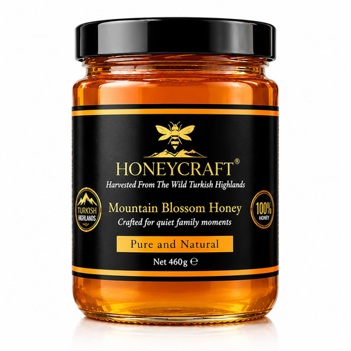 Honeycraft Mountain Blossom Honey, 460g glass jar with black and orange label