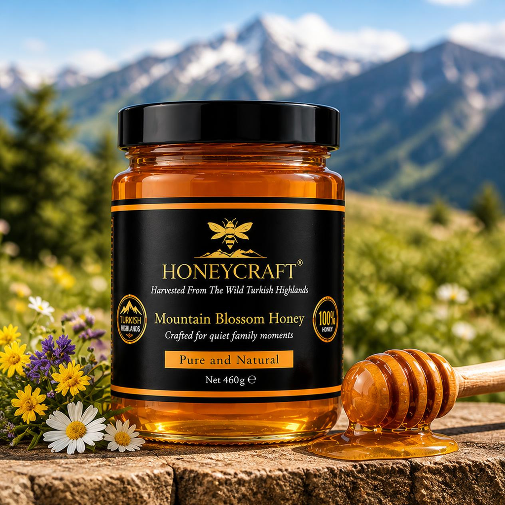 Jar of Honeycraft Mountain Blossom Honey on a stone ledge with wildflowers and mountains behind