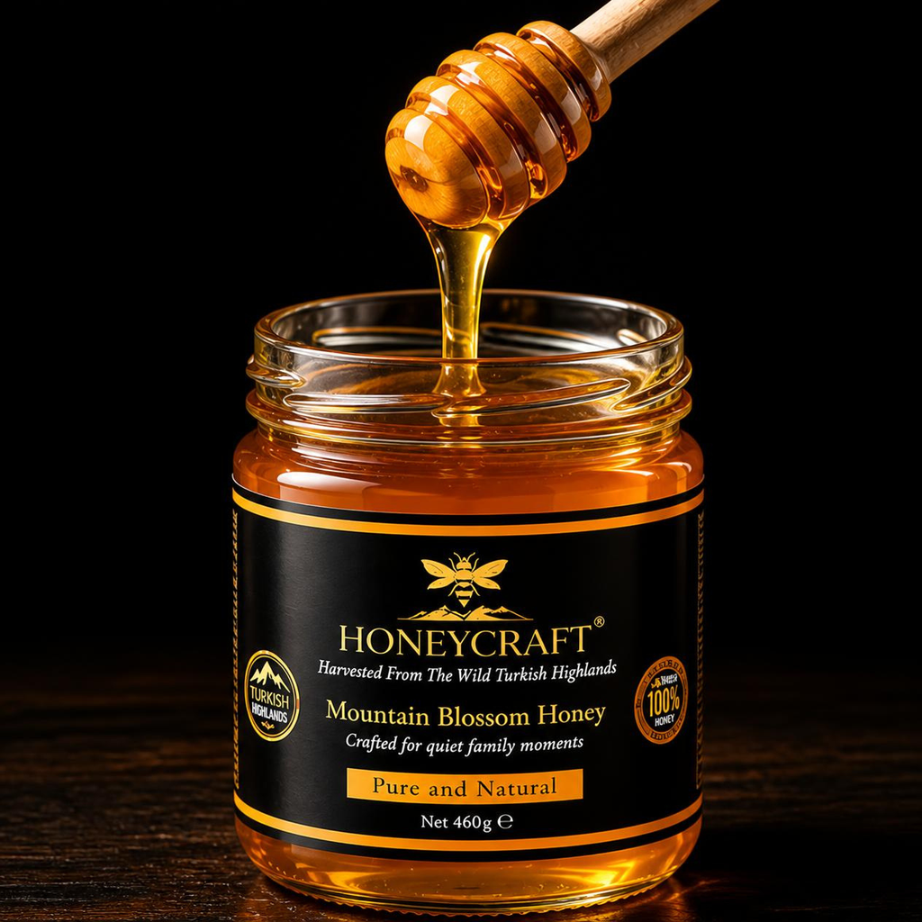 Honey pouring from a wooden dipper into an open jar of Honeycraft Mountain Blossom Honey