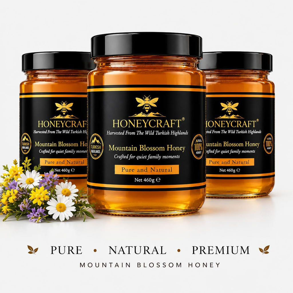 Three jars of Honeycraft Mountain Blossom Honey with wildflowers