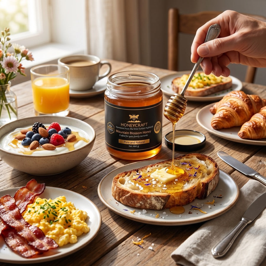 Honey over breakfast toast and yoghurt