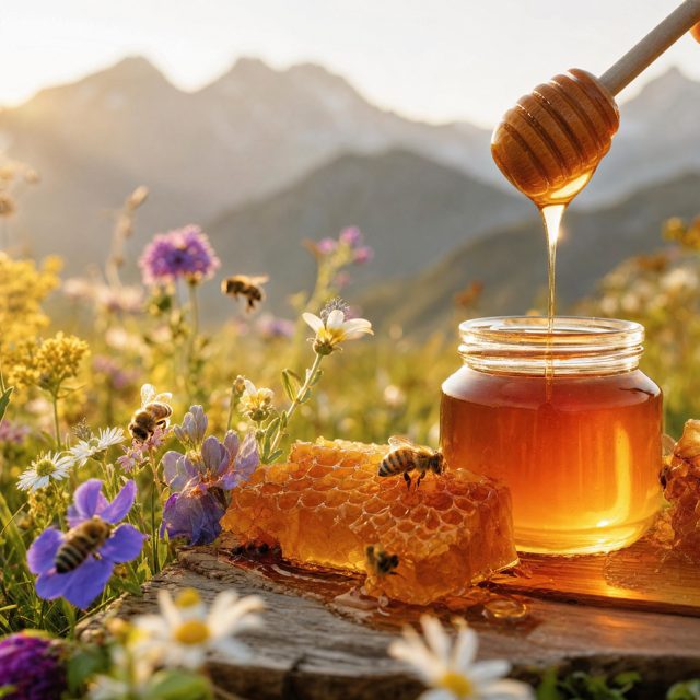 Bees foraging wild mountain flowers