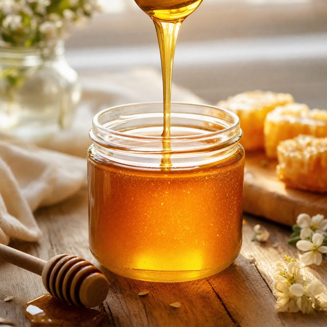 Honey pouring straight into a glass jar